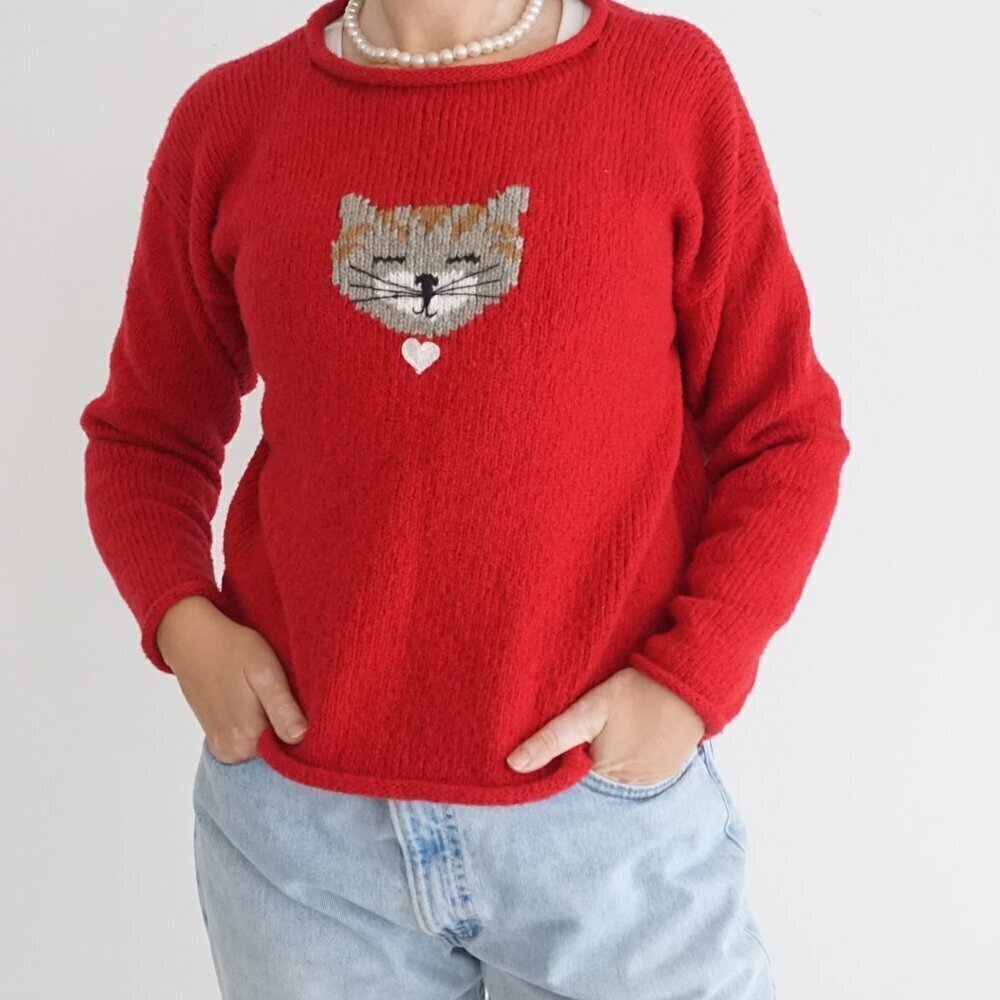 Vintage Planet Earth Sweaters Red Knit w Kitten Face 100% Cotton Crew Sweater M